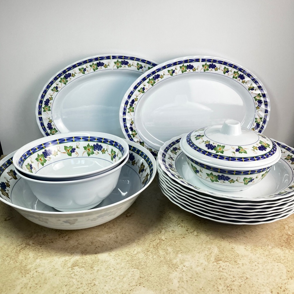 Melamine Ware Dinnerware Set 21pc White Grape Vine Pattern Platters Bowls Spoons